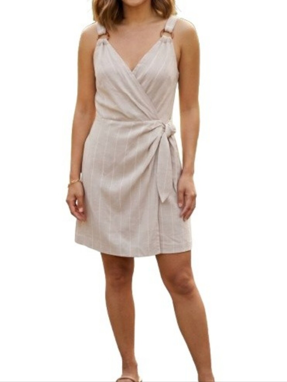 The Limited Tan Wrap Style Dress NWT Wide Pinstripe Linen Blend Tank Straps